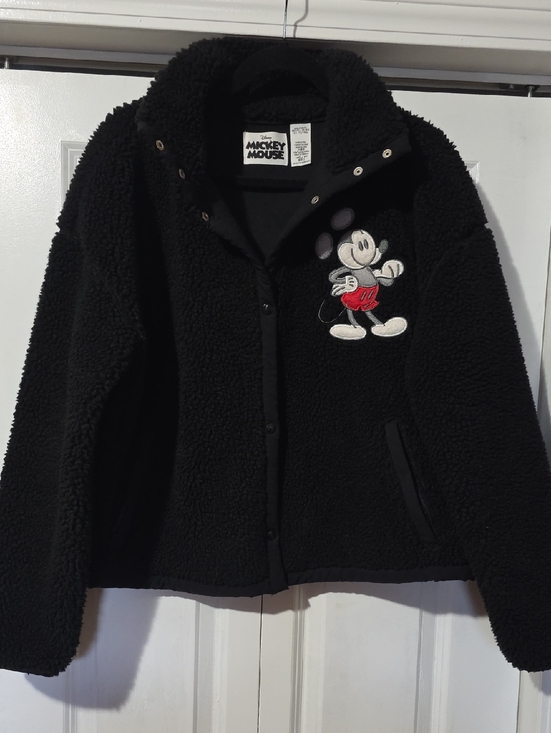 Disney Sweaters - Disney Mickey Mouse Black Sherpa Jacket with Icon Embroidery